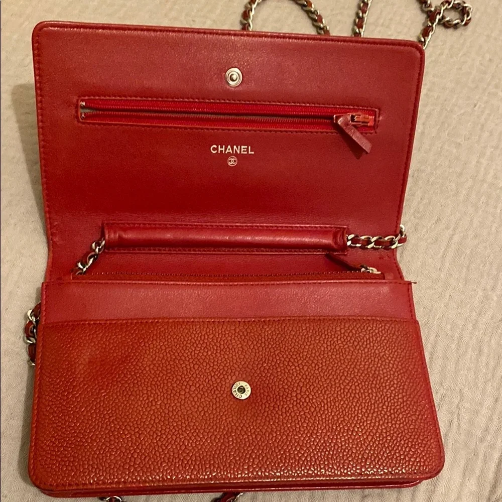 CHANEL Red Crossbody Bag with Silver Chain Strap. Wallet on chain.